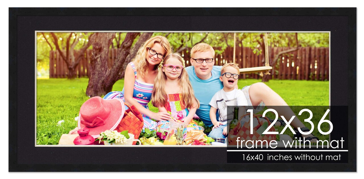 12x36 Frame with Mat - Black 16x40 Frame Wood Made to Display Print or Poster Measuring 12 x 36 Inches with Black Photo Mat